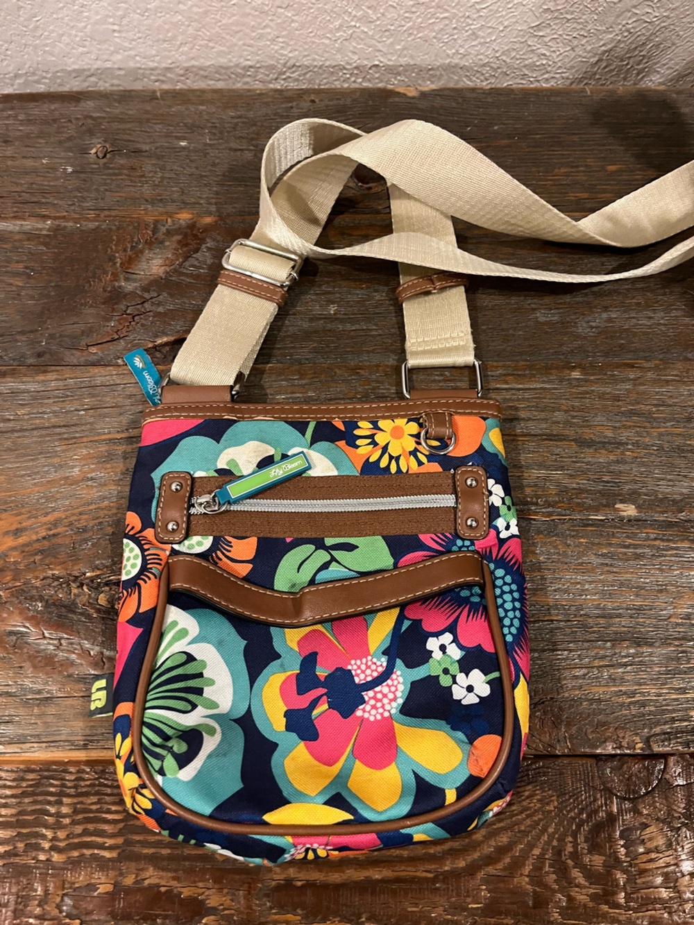 Lily Bloom Colorful Floral Canvas Crossbody with Tan Trim